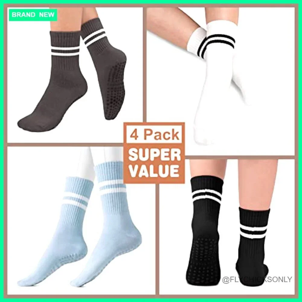 Non-Slip Grip Socks for Yoga Pilates Barre 4 Pairs Cotton Spandex